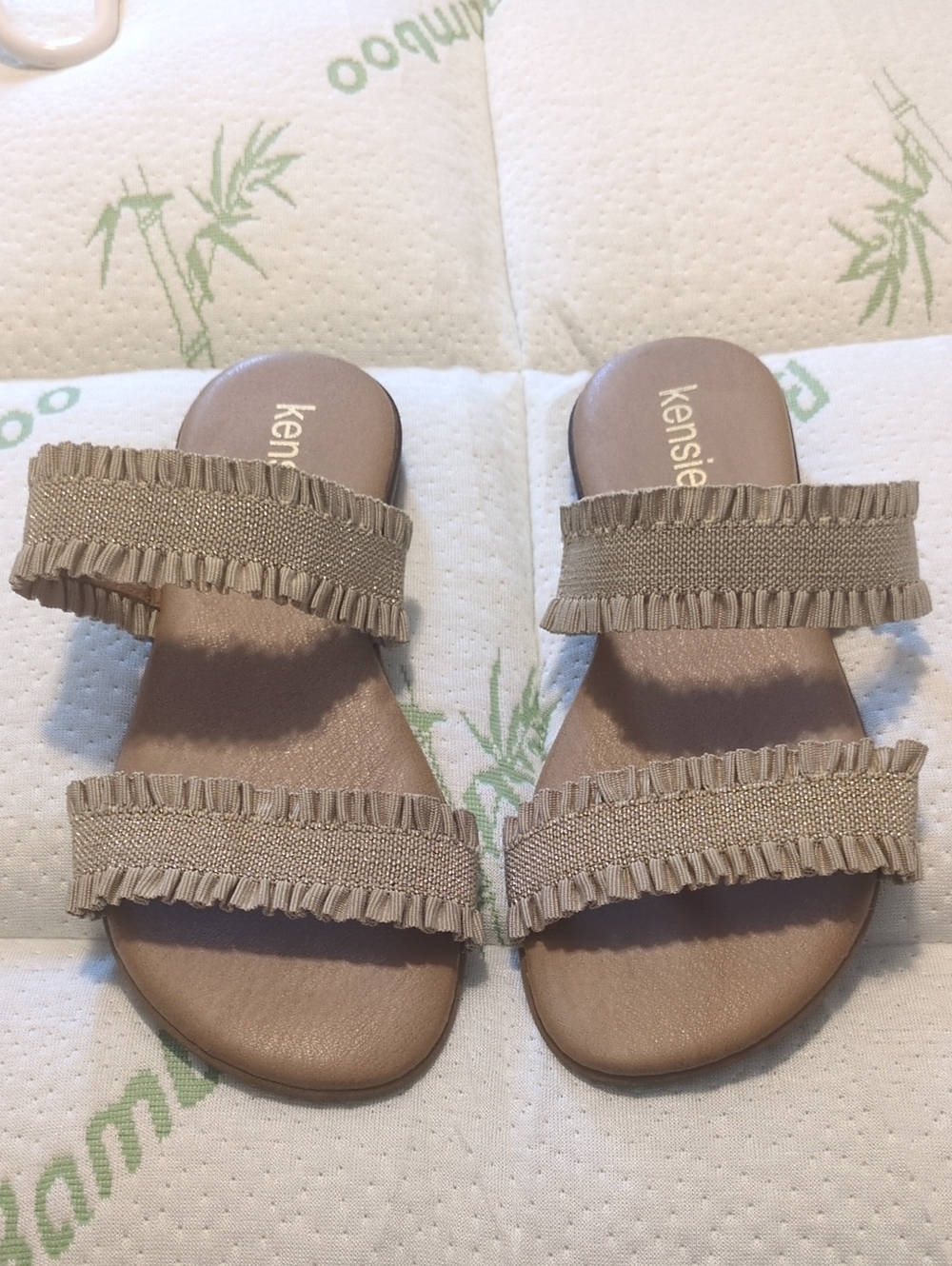 Kensie Double-Strap Ruffle Slide Sandals — Taupe
